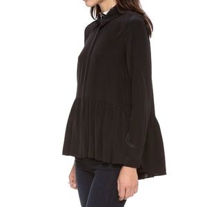 Tibi Silk A-Line Pleated Black Button-Up Blouse