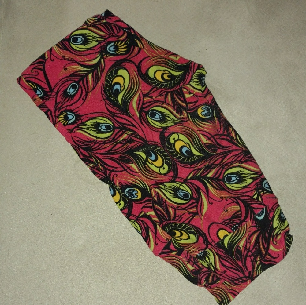 LuLaRoe OS Leggings neon peacock feathers