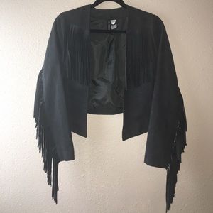 H&M faux suede cropped jacket w/ fringe detail