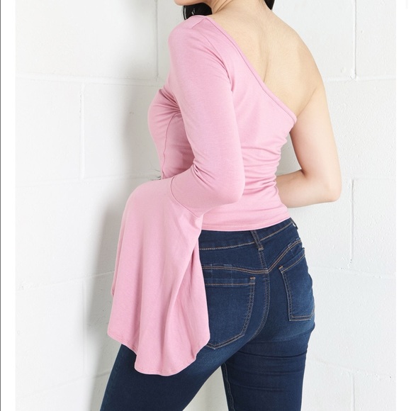 Pink one shoulder bell sleeve size small top - Picture 2 of 2