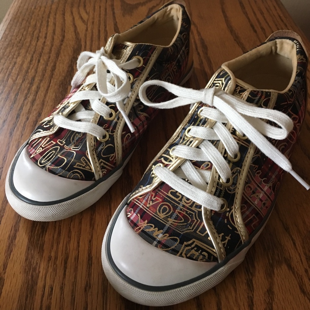 Coach Barrett Graffiti Poppy Sneakers - Red Tartan & Gold Leather - Picture 2 of 8
