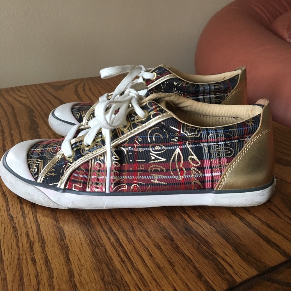 Coach Barrett Graffiti Poppy Sneakers - Red Tartan & Gold Leather