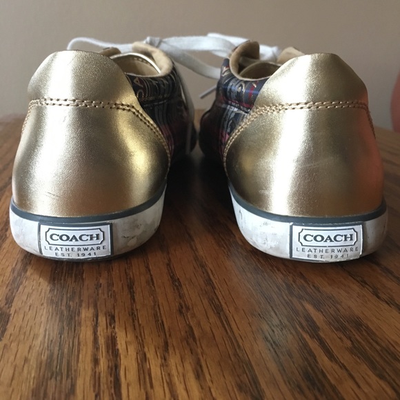 Coach Barrett Graffiti Poppy Sneakers - Red Tartan & Gold Leather - Picture 3 of 8