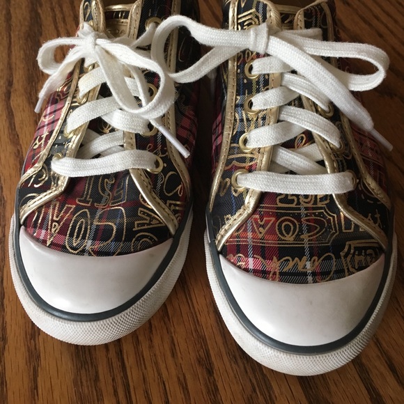 Coach Barrett Graffiti Poppy Sneakers - Red Tartan & Gold Leather - Picture 4 of 8