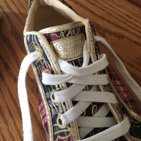 Coach Barrett Graffiti Poppy Sneakers - Red Tartan & Gold Leather - Picture 5 of 8