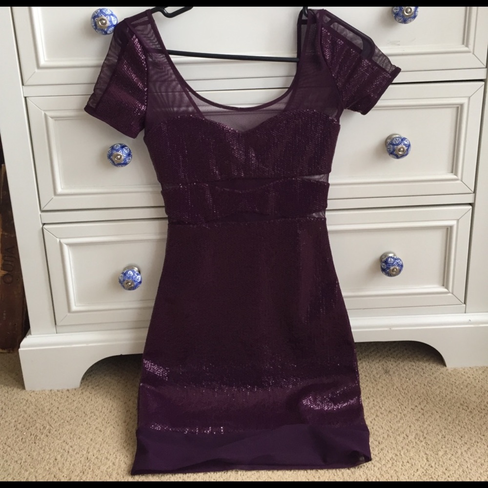 PURPLE BCBG SEQUINED MESH MINI DRESS