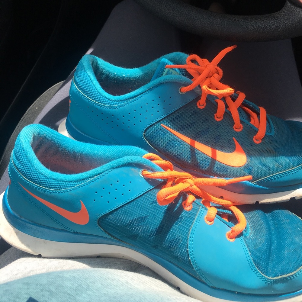 Blue and orange Nikes