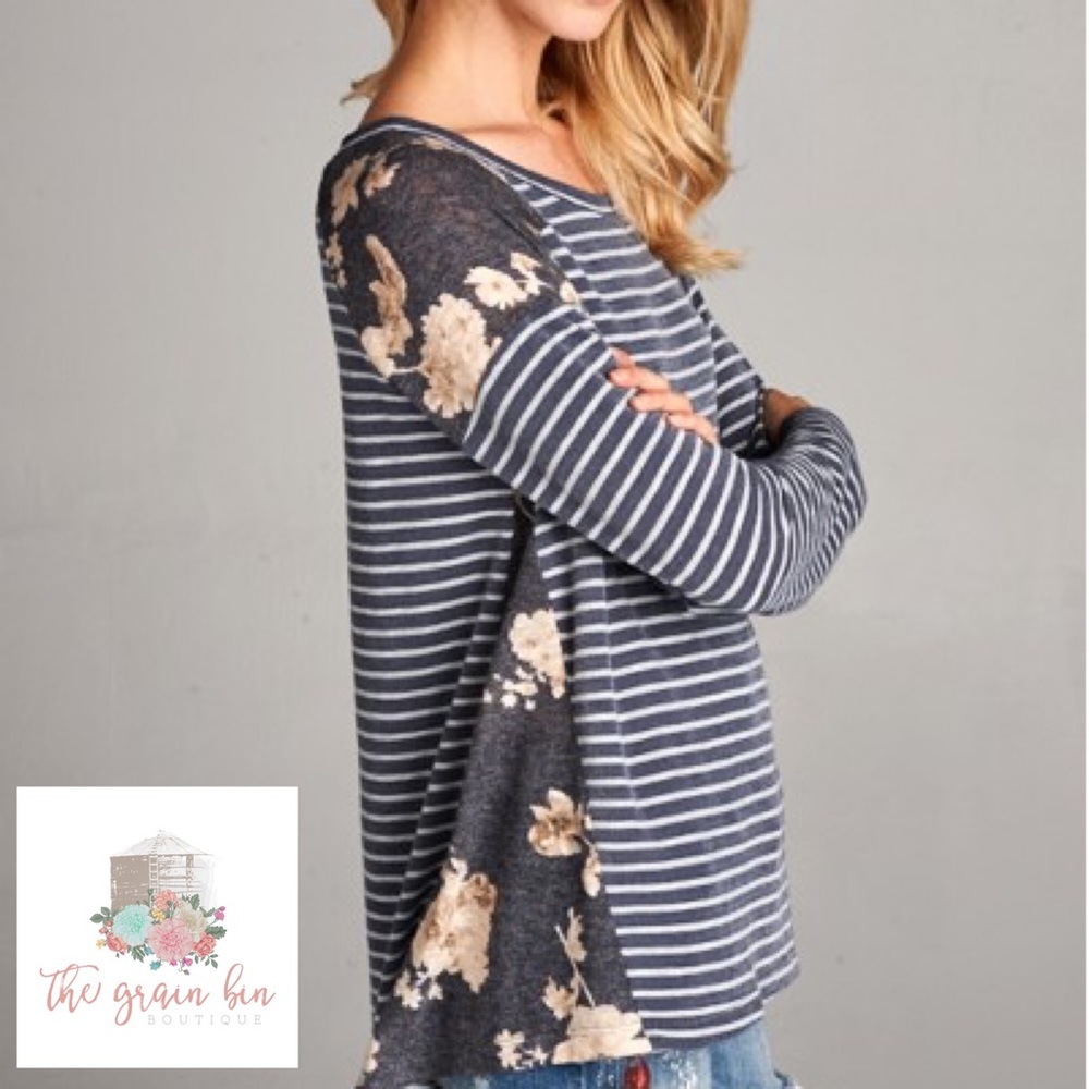 Navy floral and stripe long sleeve tee