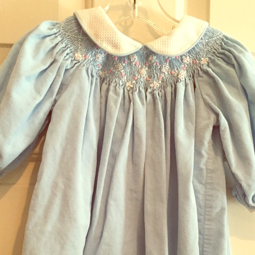 Blue long sleeve smocked embroidered dress collar