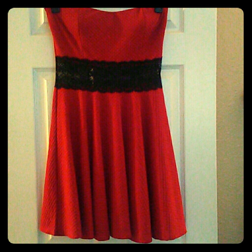 Strapless red dress sheer lace under bust