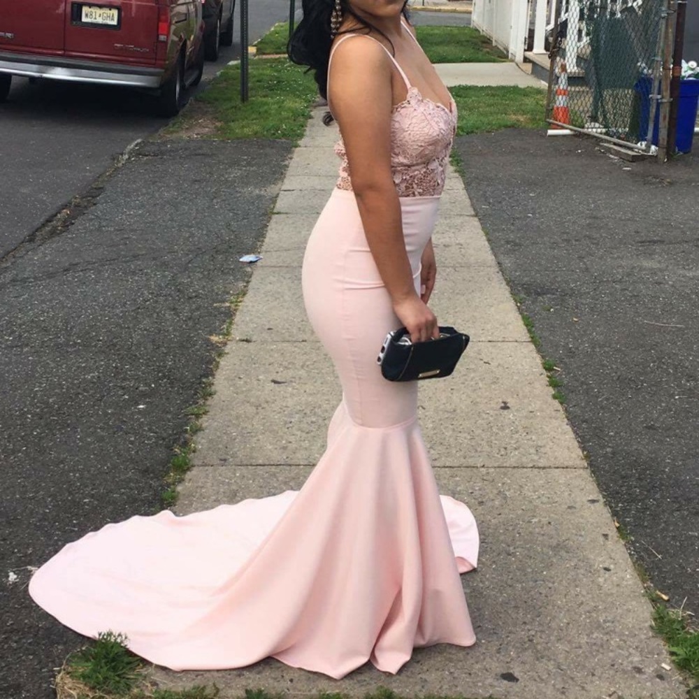 Light pink lace front prom dress