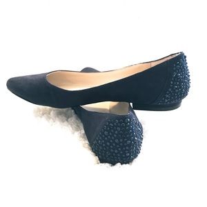 Navy Nine West Pointy Toe Flats w/Bedazzled Heels