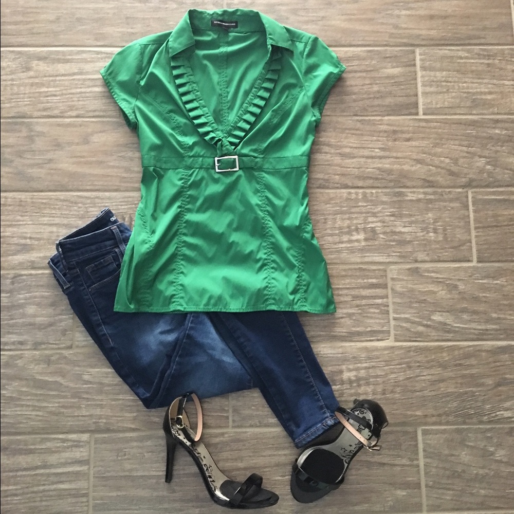 Express Green Collared Pleat Buckle Top