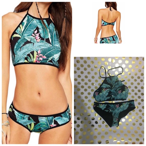 Palm Floral Halter Crop Tankini - Picture 2 of 3