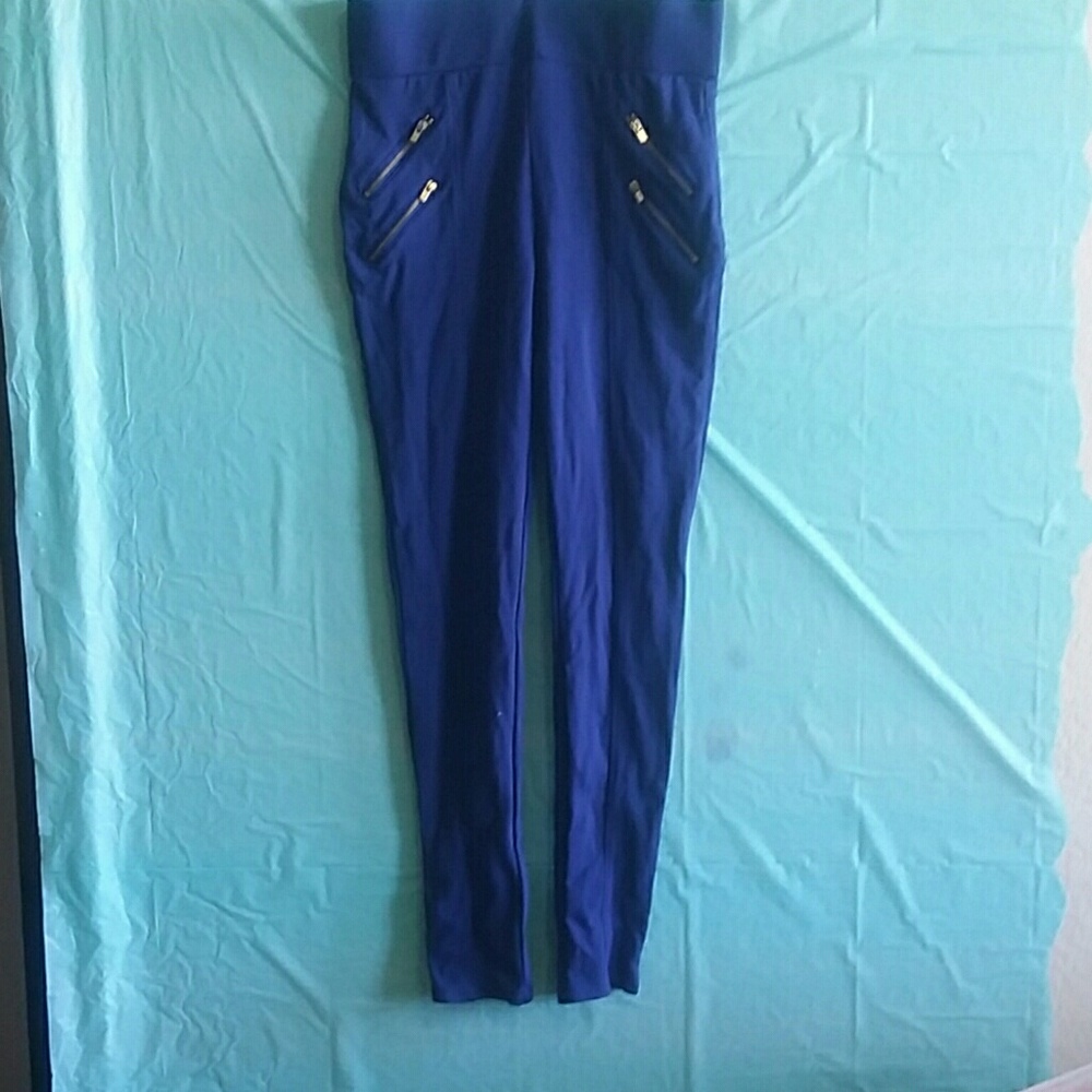 Blue stretchy gold zipper pants