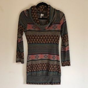 Cowl Neck Printed Sweater Dress