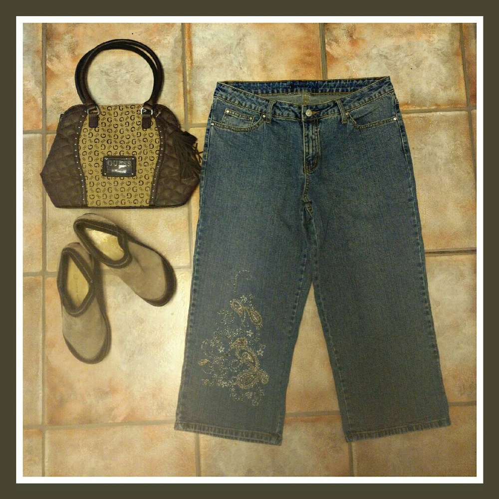 Unique pair of bead embroidered denim capris
