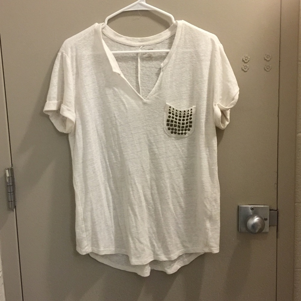 White V-Neck with Studded Pocket