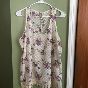 Sheer floral tank with lace trim
