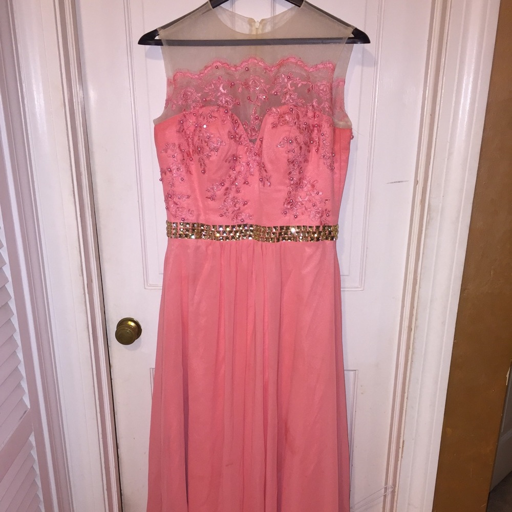 Coral pink beaded illusion prom dress