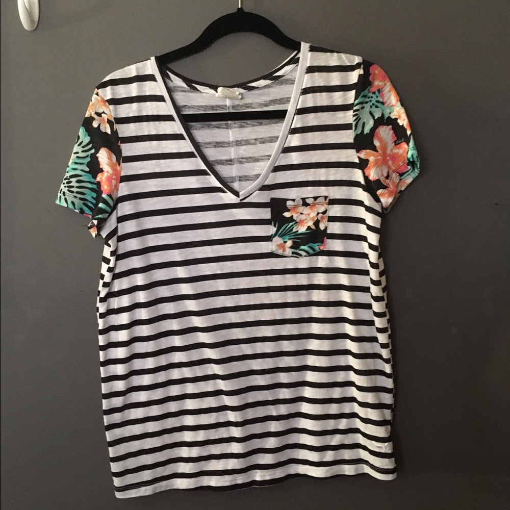 PINK tropical striped pocket tee