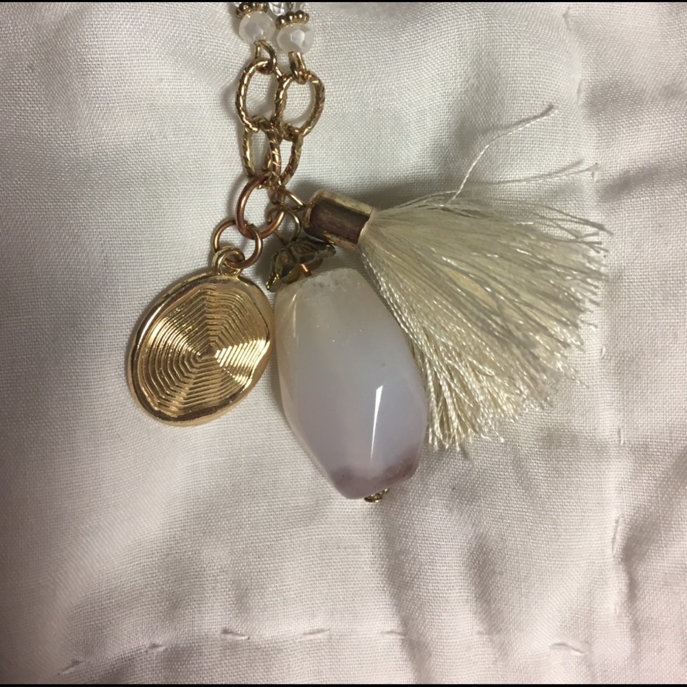 Gold and Stone Tassel Necklace and earrings