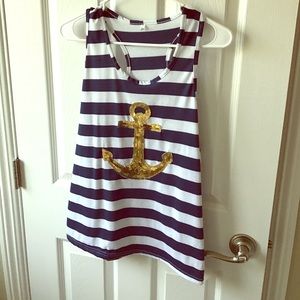 Blue and white tank with anchor