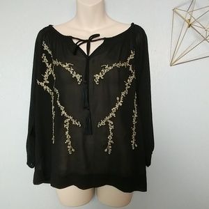 Black Peasant Top w/ Gold Embroidery