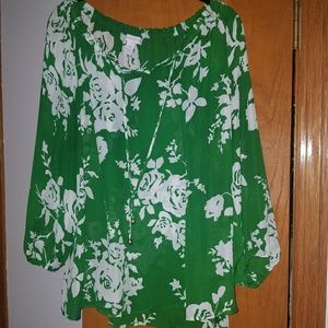 Green and white flower print blouse