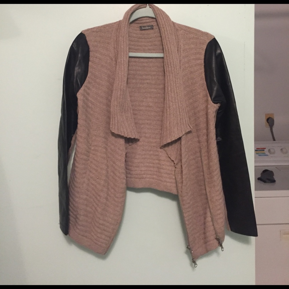 Tan knitted jacket with faux leather sleeves