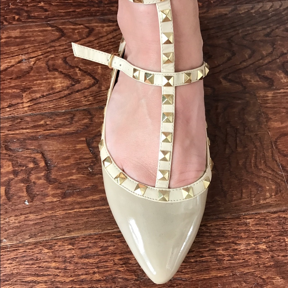 Nude Studded Ankle Strap Flats