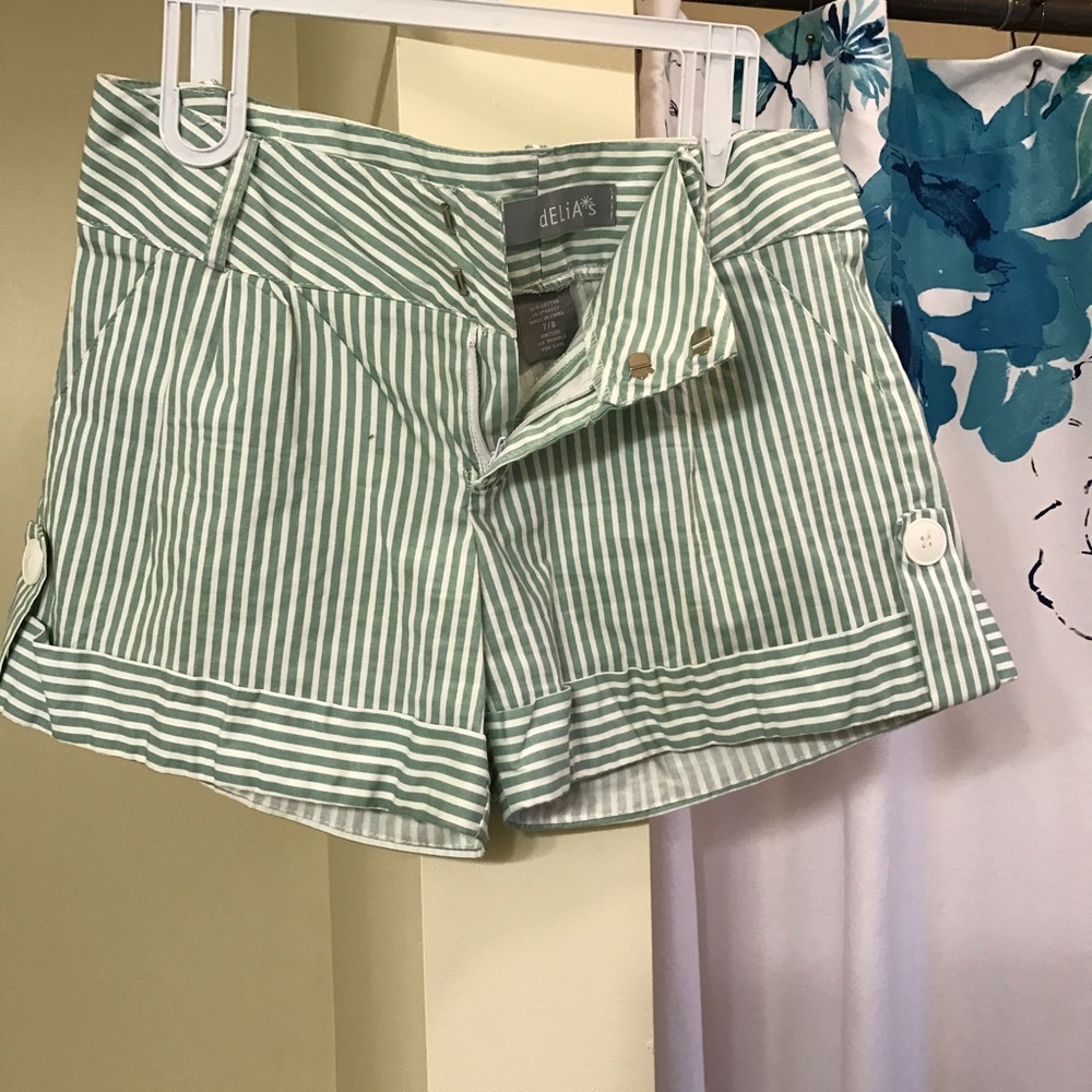 Delias green & white striped shorts