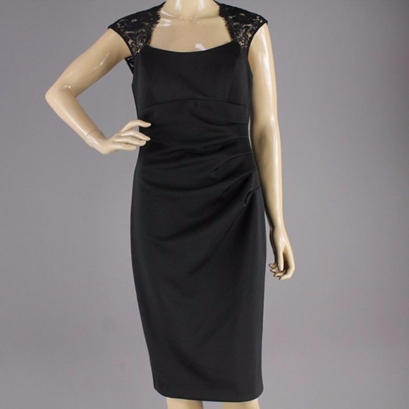 Black Sleeveless Lace-yoke Ruched Sheath Dress - Picture 7 of 8