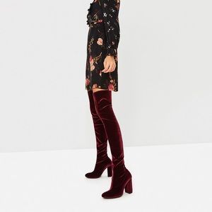 Red velvet thigh high boots