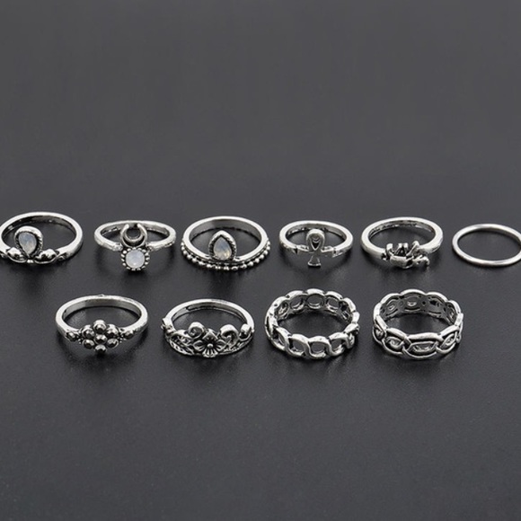 10 Piece Midi Ring Collection in silver boho style - Picture 2 of 4