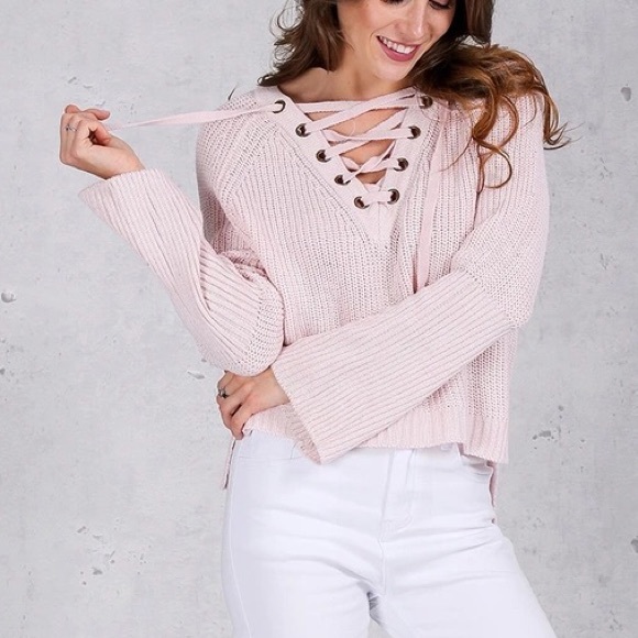 ✨Baby Pink Knit Lace Up Sweater W/ Flared Sleeve✨ - Picture 2 of 4
