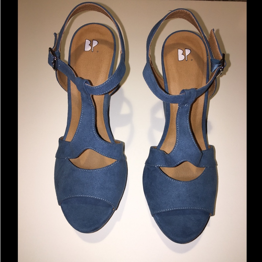 BP Blue Suede Open Toe Wedges