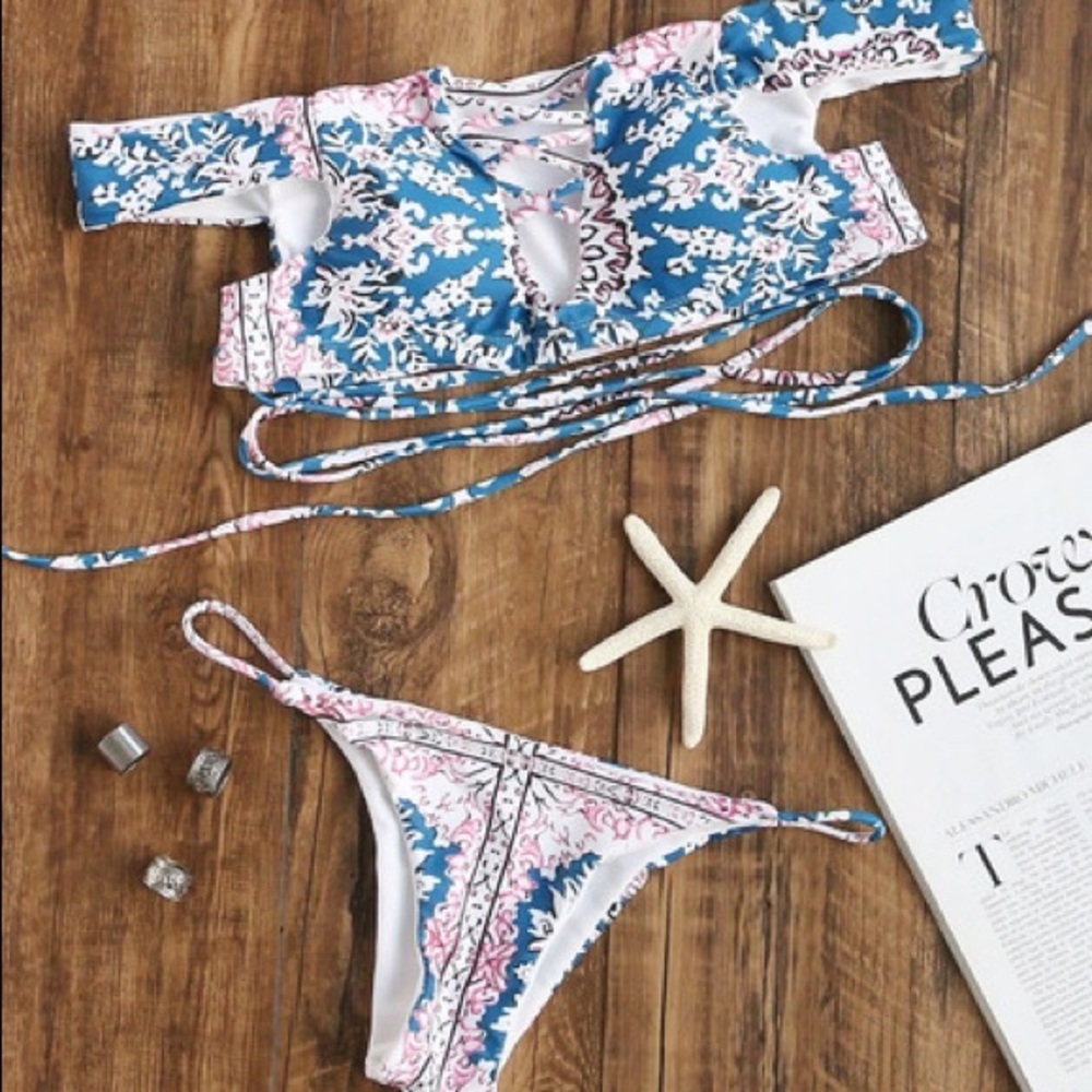 Tribal print off the shoulder bikini set