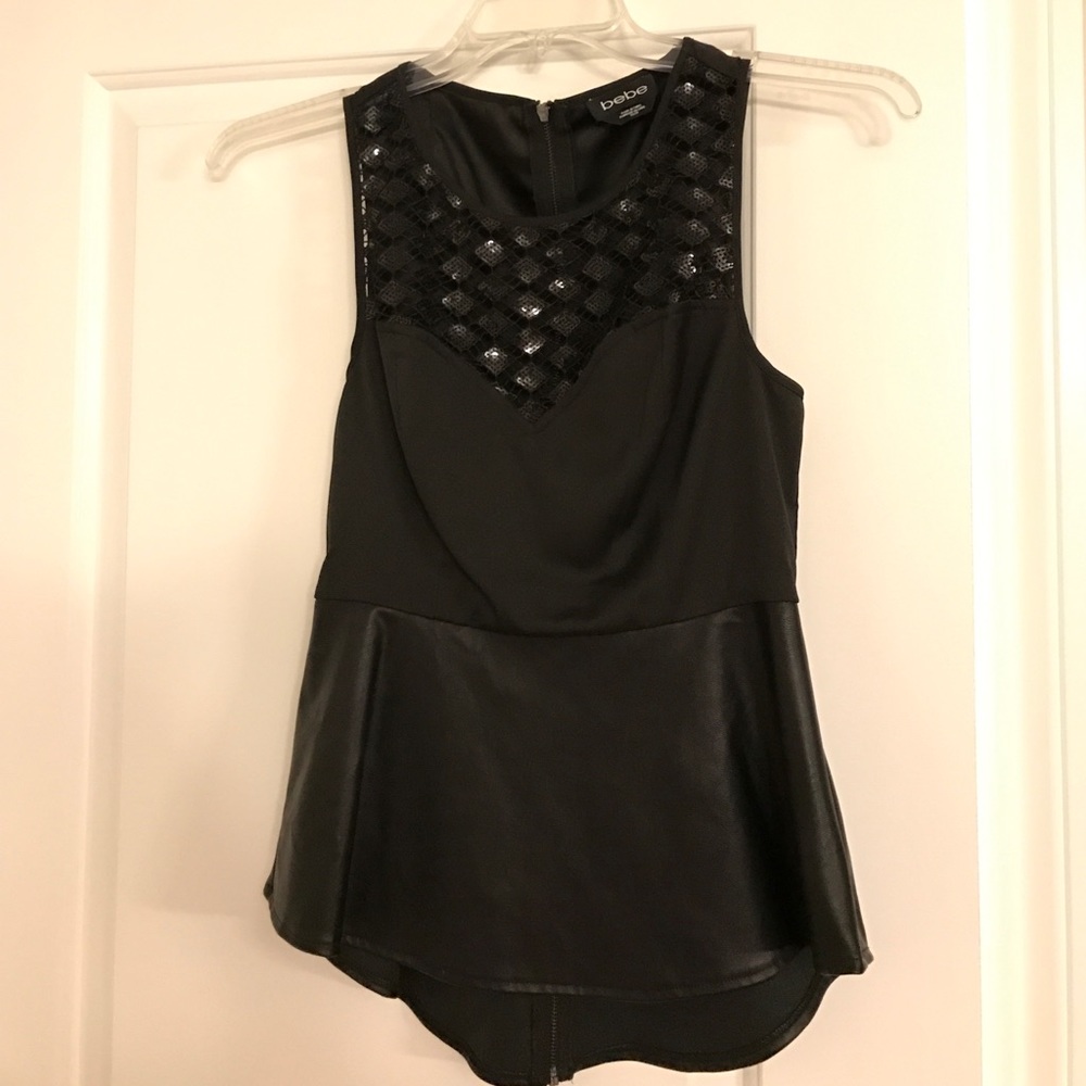 Sequin and leather Bebe peplum top