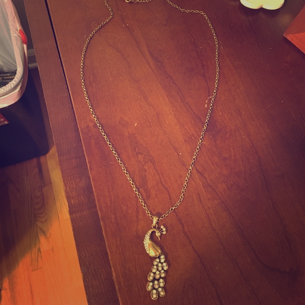 Long gold peacock necklace