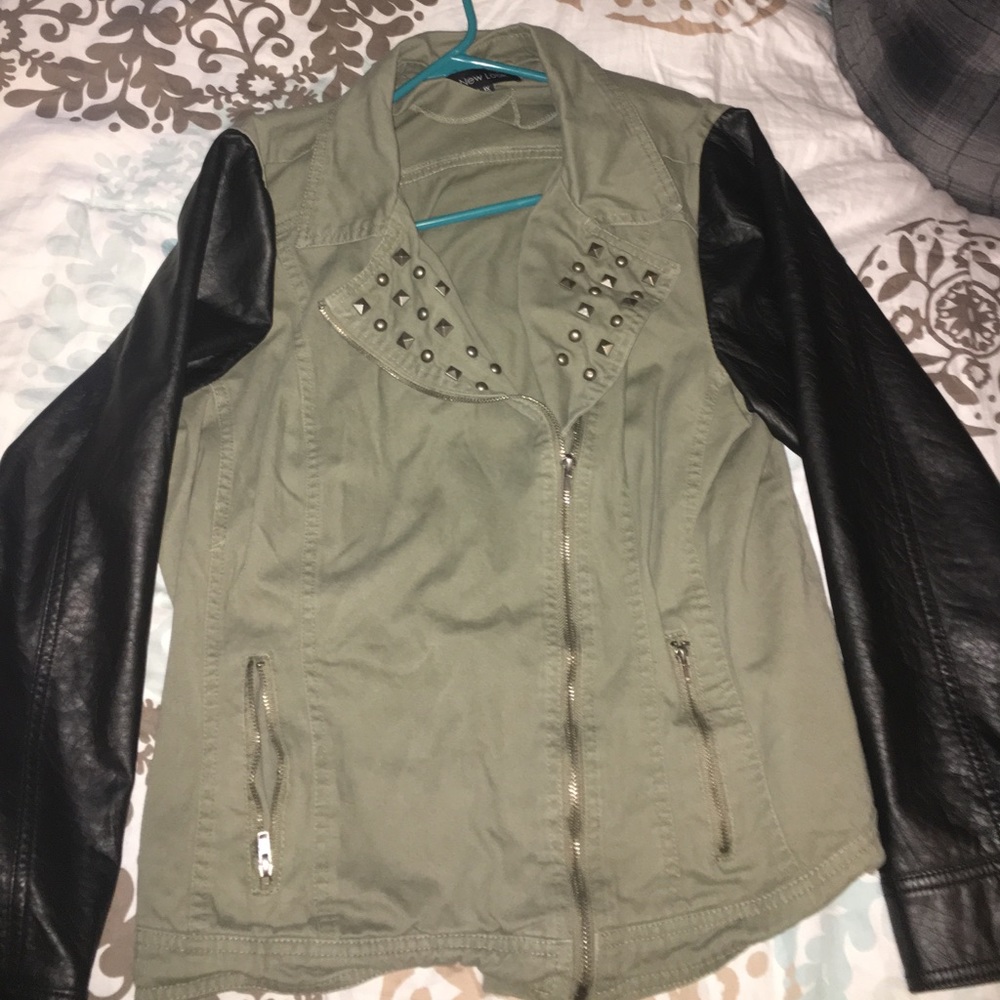 Green studded jacket with leather sleeves