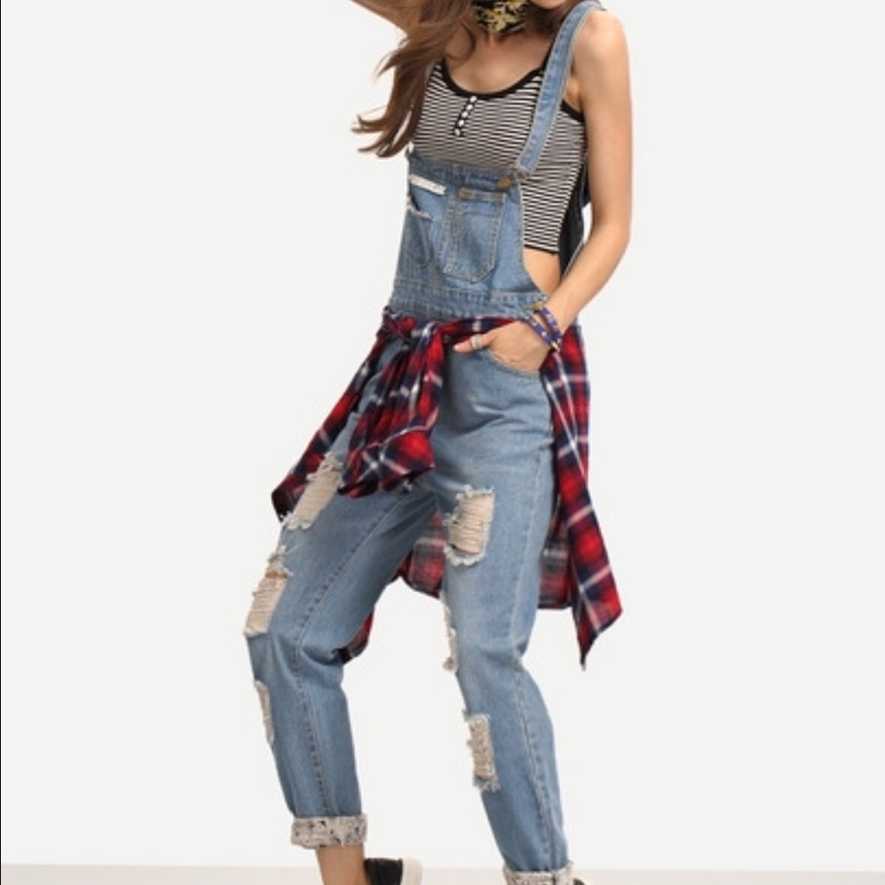 NEW Ripped light wash denim overall jeans