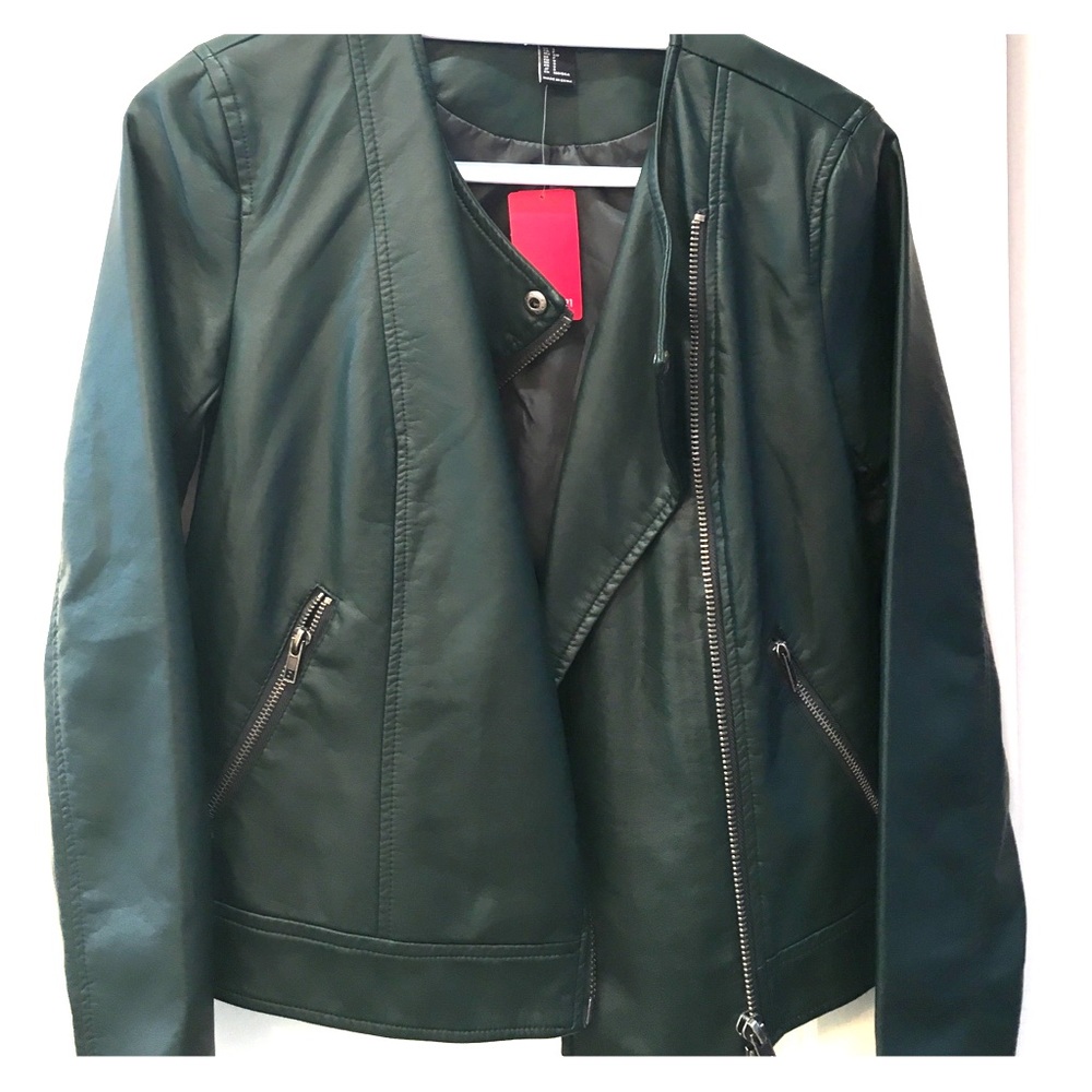 A dark green leather-like jacket never worn.