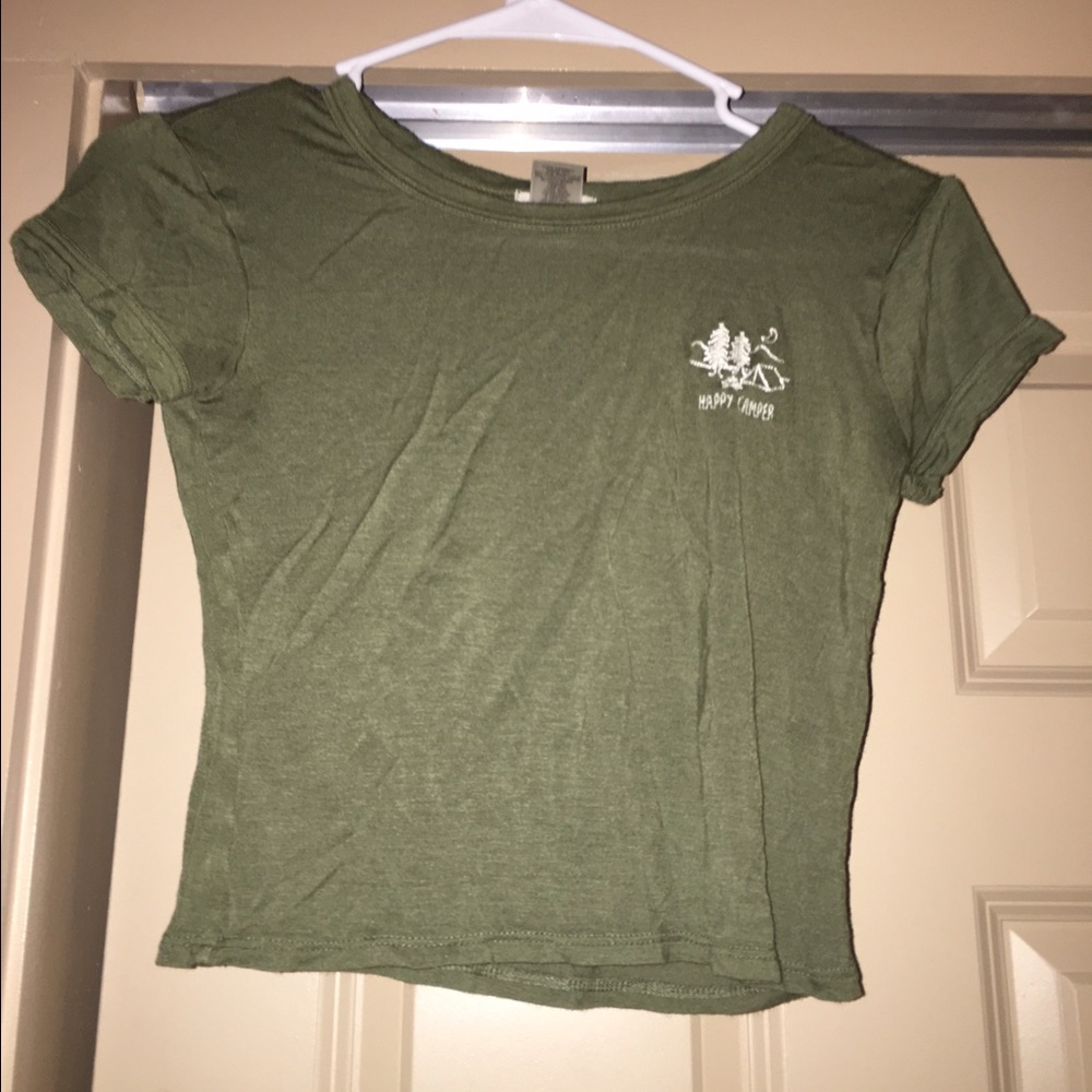 Hunter green crop shirt, 95% Rayon, 5% Spandex