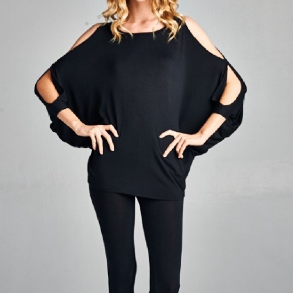 Boutique Tops - Cold Shoulder Bat Wing Open Tie Back Tunic