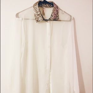 Sheer White Button Down Shirt with Sequin Collar