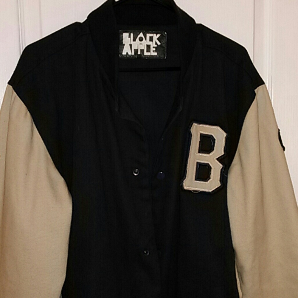 Navy Blue And Khaki Mens Snap Front Letterman Jkt