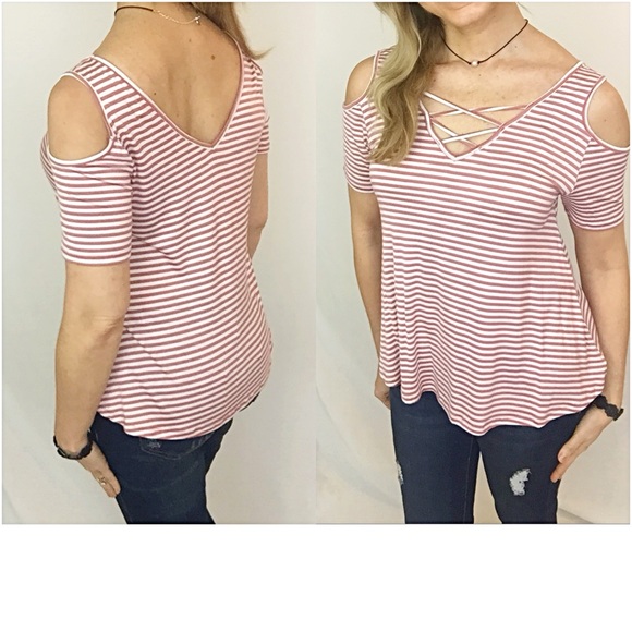 💥HOTSALE💥Striped Laceup Cold Shoulder Top Sold - Picture 3 of 4