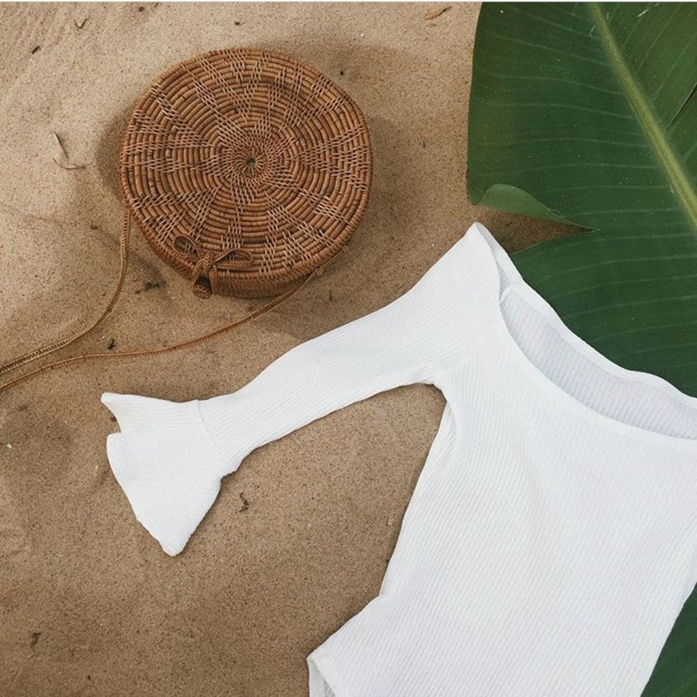 White ribbed off shoulder bell ruffle  sleeve crop - Picture 2 of 3