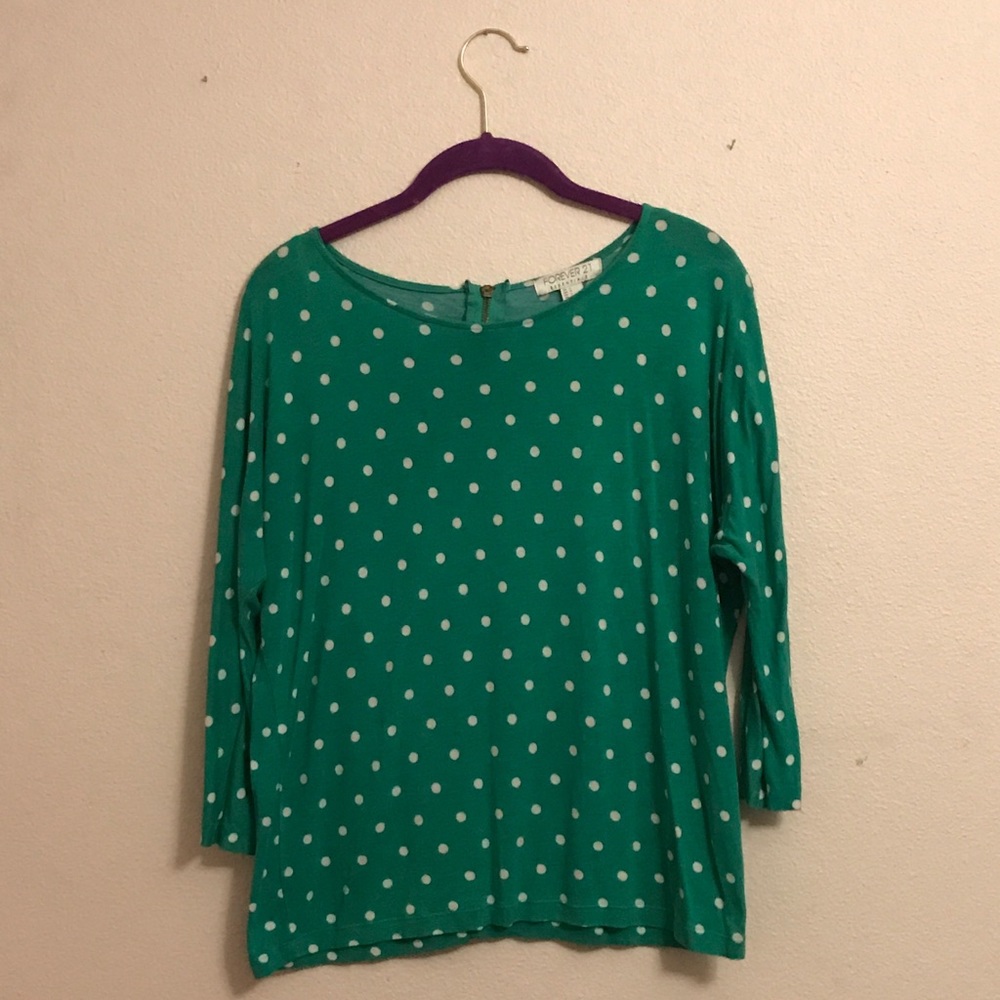 3/4 sleeve teal polkadot top
